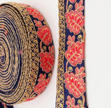 Navy Blue Trim with Floral Embroidery Salmon Pink Embroidered Leaves Trim, Decorative Trim, Indian Border
